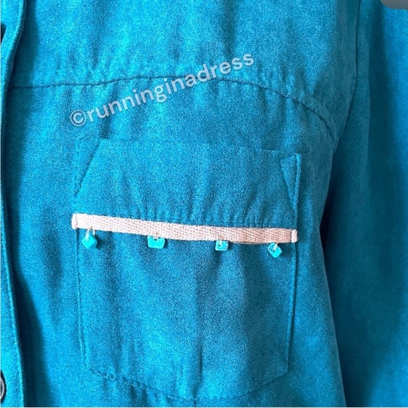 Vintage New Frontier Teal Suede 2-Piece Set Beaded Shirt Jacket & Midi Skirt L - Picture 7 of 16